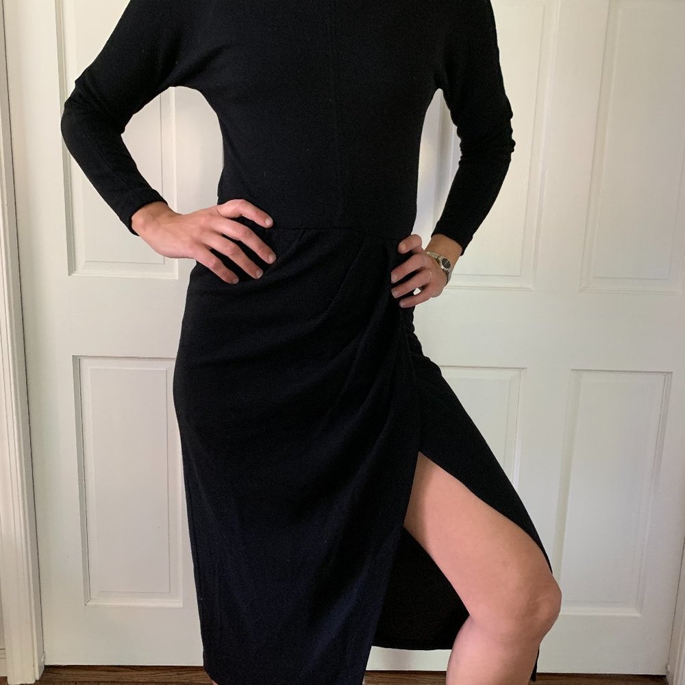 Fabulous 80s cocktail dress leg slit long sleeves black sexy and dramatic